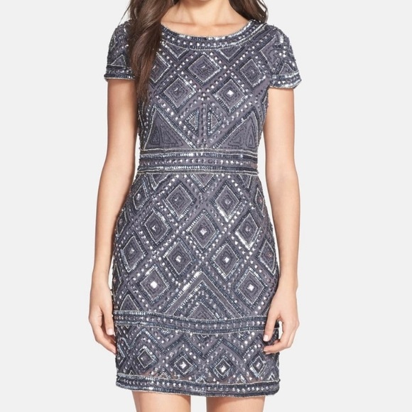 Adrianna Papell Dresses & Skirts - Adrianna Papell blue beaded sleeved cocktail dress
